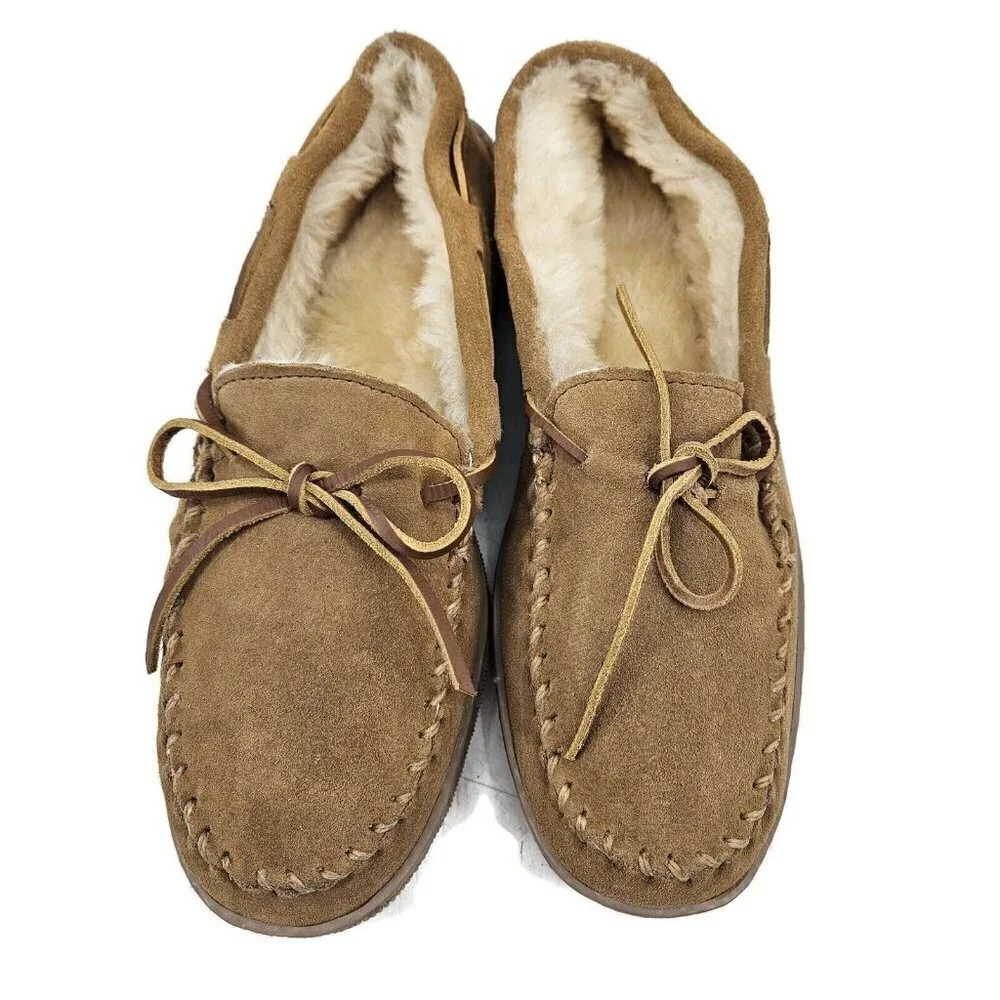 New Minnetonka Sheepskin Hardsole Moccasins Mens 10 Golden Tan 3741 Slippers